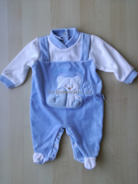 Baby footie in chenille baby bear and hearts. Colour light blue, size 3-6 months Light blue Size 3-6 months