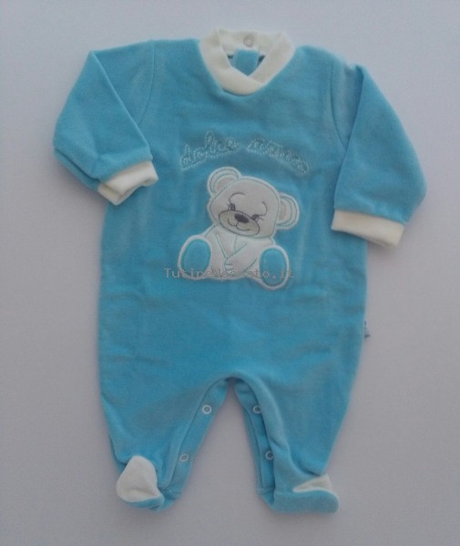 Picture baby footie chenille sweet dog friend. Colour turquoise, size 1-3 months Turquoise Size 1-3 months