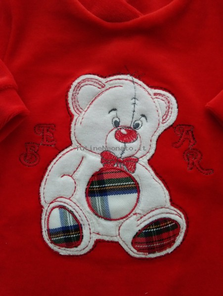 Picture baby footie chenille bear bow tie. Colour red, size 1-3 months 3