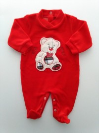 Picture baby footie chenille bear bow tie. Colour red, size 0-1 month