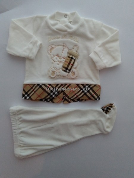Picture showing chenille outfit with Baby bear and Bottle embroidery. Colour creamy white, size 3-6 months Creamy white Size 3-6 months