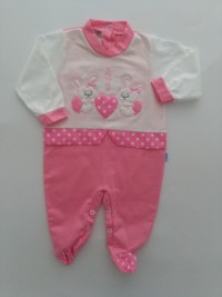 picture baby footie AMOUR bunnies. Colour coral pink, size 6-9 months