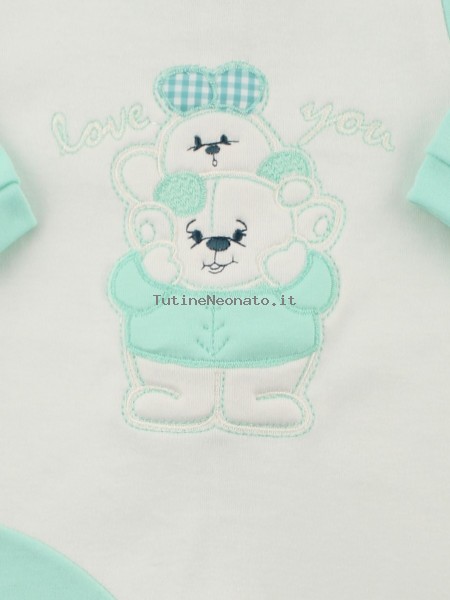 Baby footie interlock baby bear with bunny. Colour green, size 1-3 months 2