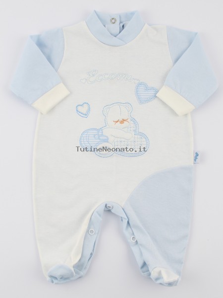 Picture baby footie jersey here I am. Colour light blue, size 0-1 month Light blue Size 0-1 month