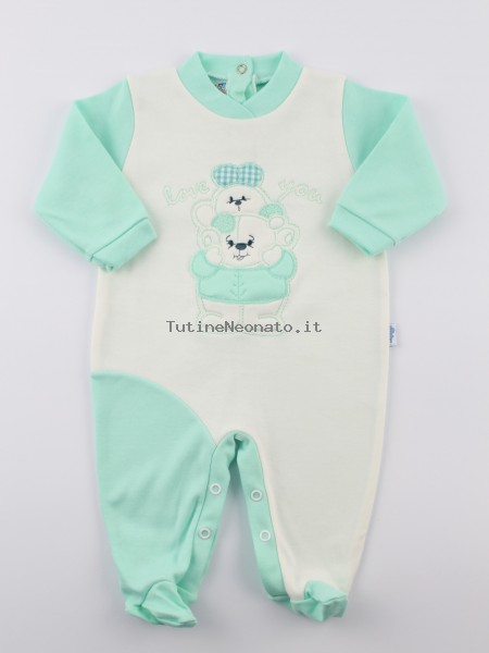 Baby footie interlock baby bear with bunny. Colour green, size 1-3 months Green Size 1-3 months