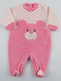 Chenille baby footie image l\'bear and polka dots. Colour coral pink, size 6-9 months