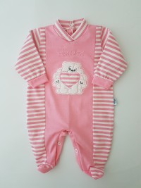 Picture baby footie jersey loves. Colour coral pink, size 3-6 months
