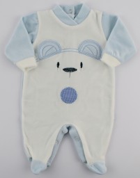 Chenille baby footie image of the white bear. Colour light blue, size 6-9 months