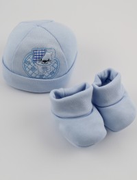 Picture hat and cotton kitten boots hat. Colour light blue, one size