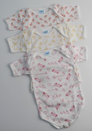 Half-sleeved printed cotton body image. Colour pink, size 6-9 months