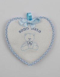Birth rosette image above cotton heart. Colour light blue, one size