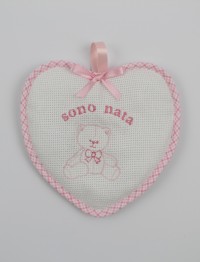 Birth rosette image above cotton heart. Colour pink, one size