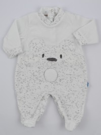 Chenille baby footie image of the melange bear. Colour white, size 6-9 months