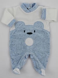 Chenille baby footie image of the melange bear. Colour light blue, size 3-6 months