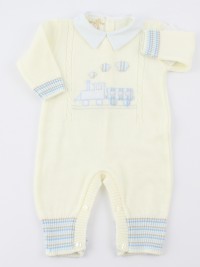 Picture baby footie mixed wool train. Colour creamy white, size 1-3 months