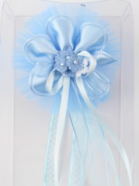 Birth rosette image on top of polka dots and rhinestones. Colour light blue, one size