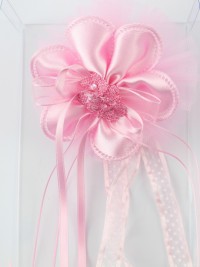 Birth rosette image on top of polka dots and rhinestones. Colour pink, one size
