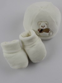 Picture hat and chenille shoes bear bow tie. Colour creamy white, one size