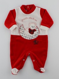 Picture baby footie in chenille baby bear looks at that moon. Colour red, size 3-6 months