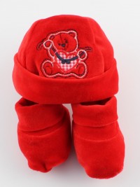 Picture hat and chenille baby bear shoes red. Colour red, one size