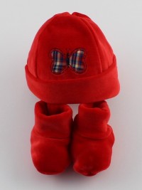 Picture hat and chenille butterfly shoes. Colour red, one size