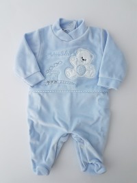 Image baby footie chenille bear and locomotive. Colour light blue, size 6-9 months