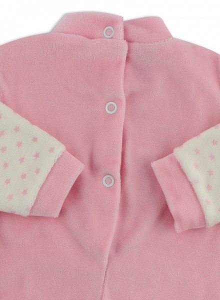 baby footie in chenille starlet. Colour pink, size first days 3