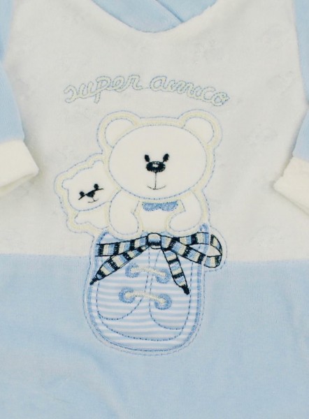 baby footie chenille super friend. Colour light blue, size first days 2