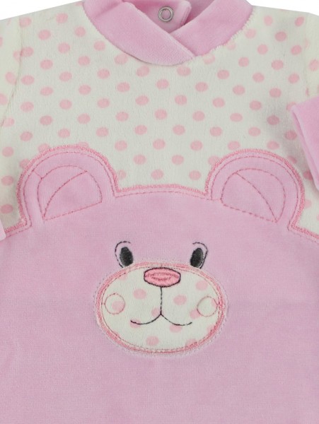 Chenille baby footie image l\'bear and polka dots. Colour pink, size 0-1 month 2