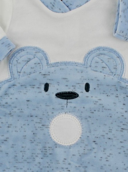 Chenille baby footie image of the melange bear. Colour light blue, size 0-1 month 2