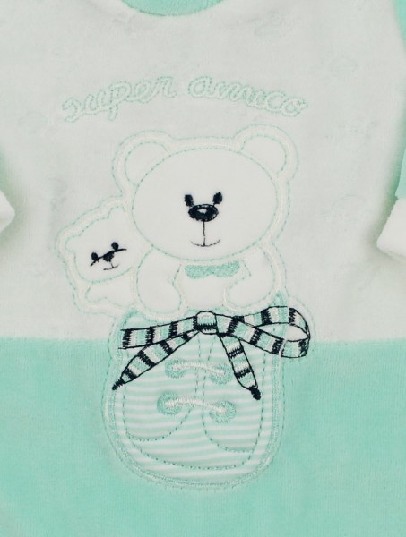 baby footie chenille super friend. Colour green, size first days 2