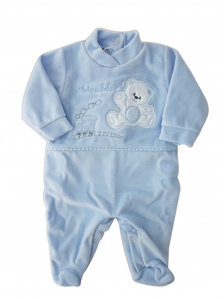 Image baby footie chenille bear and locomotive. Colour light blue, size 0-1 month Light blue Size 0-1 month