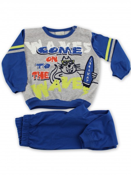 Picture baby footie pajama jersey cat surfer jersey. Colour blue, size 9-12 months Blue Size 9-12 months