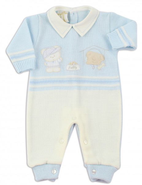 Picture baby footie mixed wool baby bear and puppy. Colour light blue, size 0-1 month Light blue Size 0-1 month