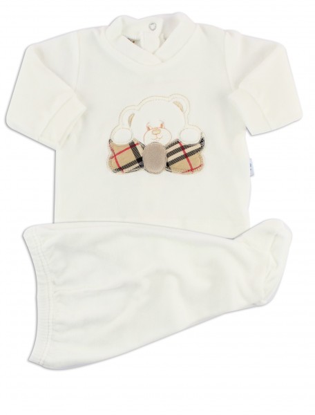 Picture baby footie outfit in chenille bear bow. Colour creamy white, size 1-3 months Creamy white Size 1-3 months