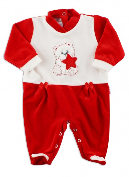 baby footie in chenille baby bear and star. Colour red, size 00 Red Size 00