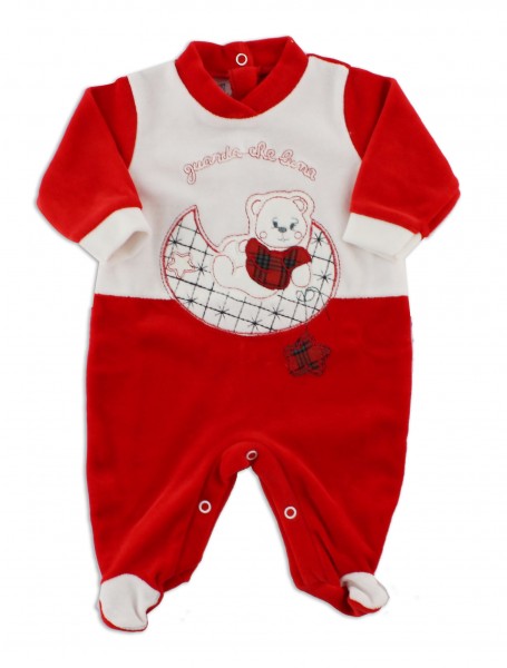 Picture baby footie in chenille baby bear looks at that moon. Colour red, size 3-6 months Red Size 3-6 months