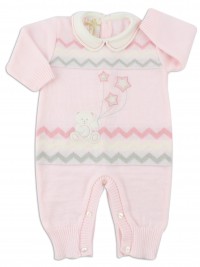 Picture baby footie mixed wool baby bear with stars. Colour pink, size 0-1 month