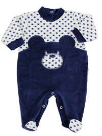 Chenille baby footie image l\'bear and polka dots. Colour blue, size 6-9 months