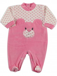 Chenille baby footie image l\'bear and polka dots. Colour coral pink, size 3-6 months