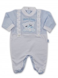 Picture jersey baby footie Drink milk. Colour light blue, size 3-6 months