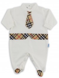 Baby footie image in jersey Scottish tie. Colour creamy white, size 3-6 months
