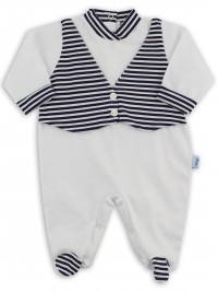 Baby footie image in jersey vest stripes. Colour white, size 0-1 month