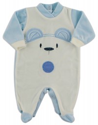 Chenille baby footie image of the white bear. Colour light blue, size 3-6 months