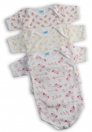 Half-sleeved printed cotton body image. Colour pink, size 3-6 months