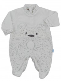 Chenille baby footie image of the melange bear. Colour white, size 6-9 months