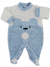 Chenille baby footie image of the melange bear. Colour light blue, size 0-1 month