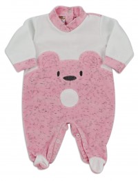Chenille baby footie image of the melange bear. Colour pink, size 3-6 months