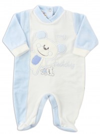 Picture baby footie chenille bear teddy. Colour light blue, size 6-9 months