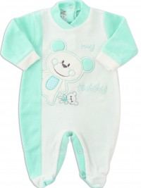 Picture baby footie chenille bear teddy. Colour green, size 6-9 months